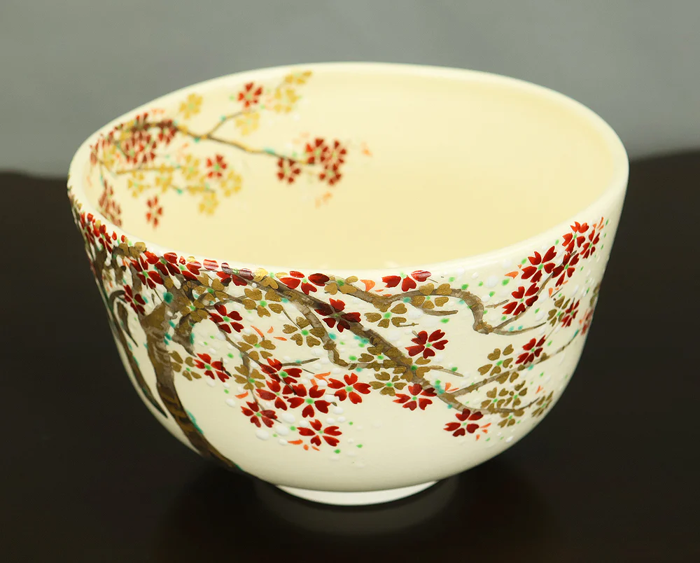 和田妙山 Wada Myozan Kyo ware 'Cherry Blossoms Tree Tea Bowl' with Original Box (Tomobako) VB218 - Image 14