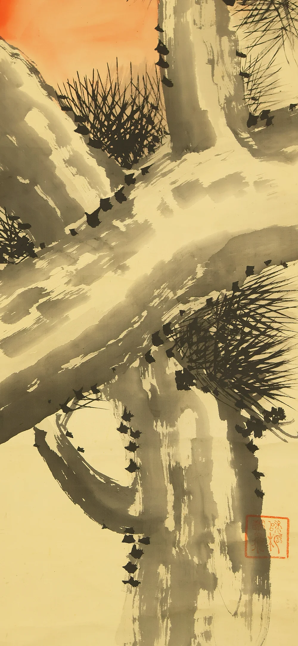 若林松渓 Wakabayashi Shokei (1858-1938) Japanese art kakejiku kakemono wall hanging scroll / Rising Sun and Pine Tree with Original Box (Tomobako) RE206 - Image 11