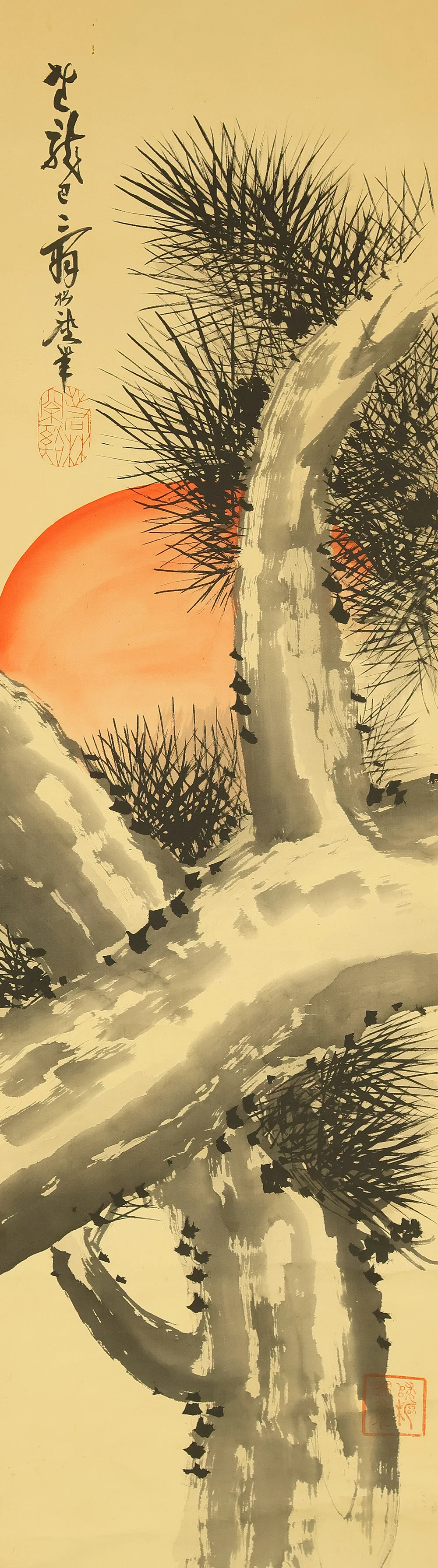 若林松渓 Wakabayashi Shokei (1858-1938) Japanese art kakejiku kakemono wall hanging scroll / Rising Sun and Pine Tree with Original Box (Tomobako) RE206 - Image 4