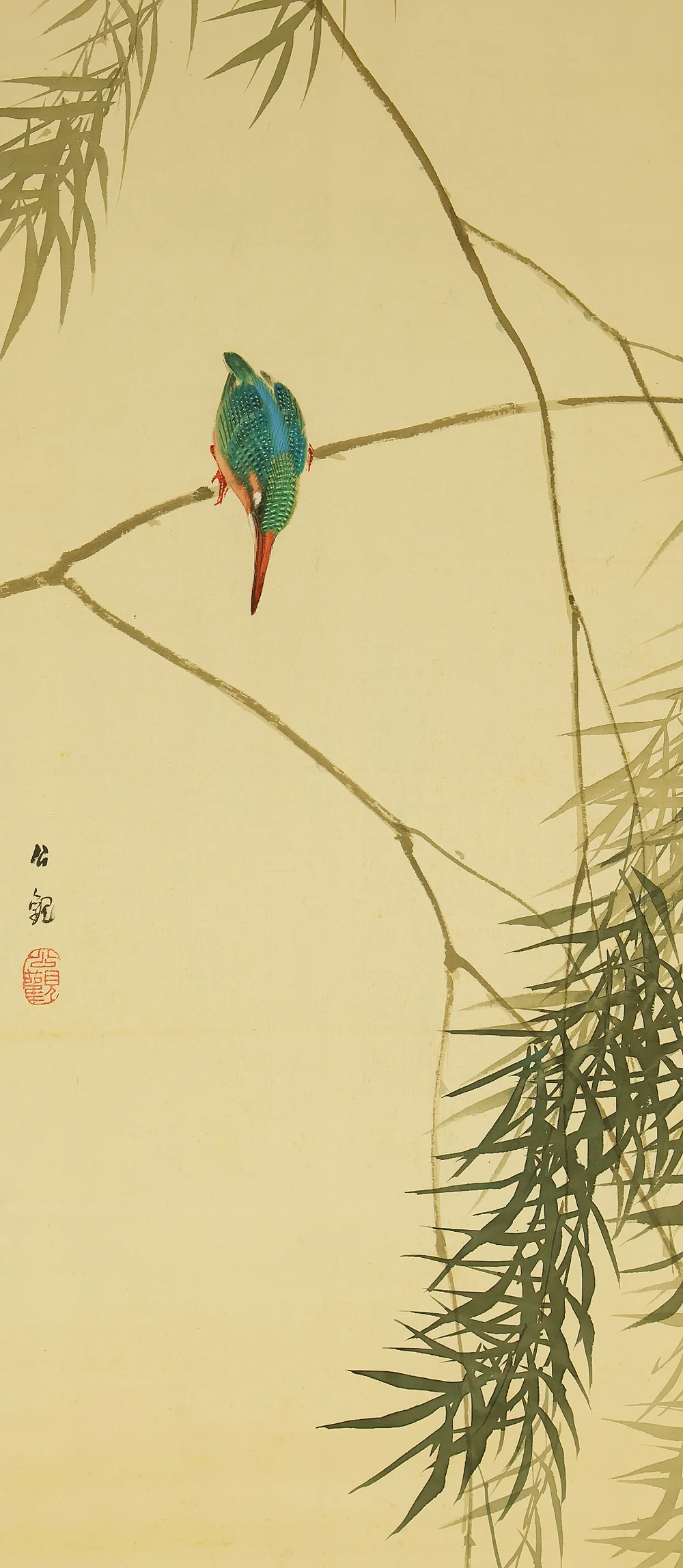 渡辺公観 Watanabe Kokan (1877-1938) Japanese art kakejiku kakemono wall hanging scroll / Kingfisher Perched on Branch with Original Box (Tomobako) RE956 - Image 4