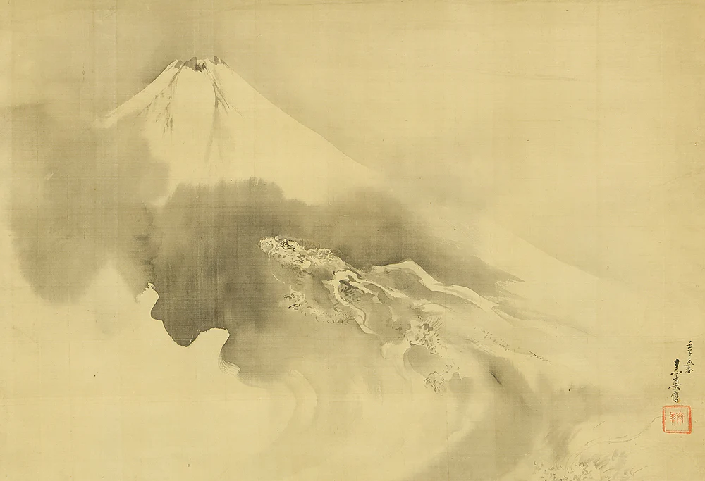 山形素眞 Yamagata Soshin (1818-1862) Japanese antique art kakejiku kakemono wall hanging scroll / Dragon Crossing Over Mount Fuji with Box RE226 - Image 4