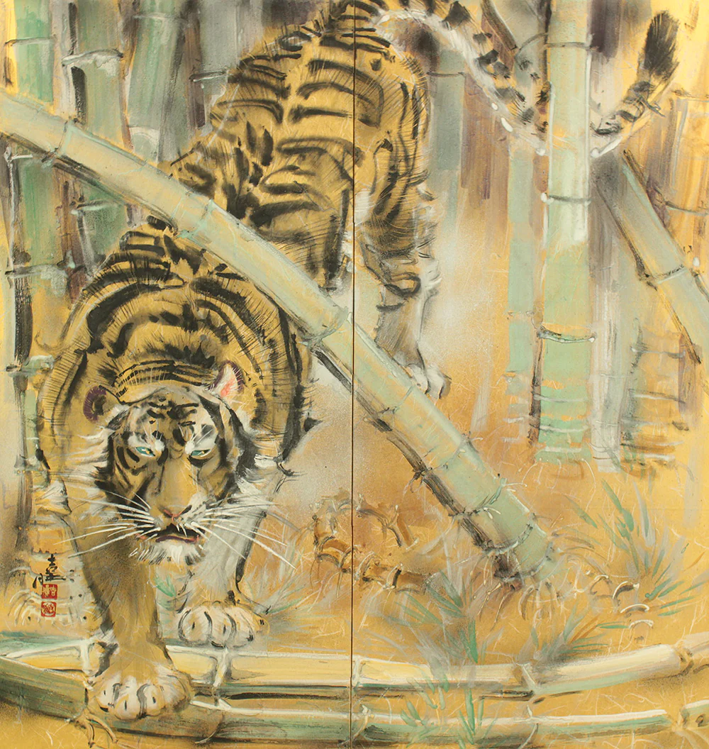 山口吉旺 Yamaguchi Kichio (b1912) 'Fierce Tiger in Bamboo Forest' Two Panels Folding Screens Byobu Room Dividers with Original Box (Tomobako) VA875 - Image 3