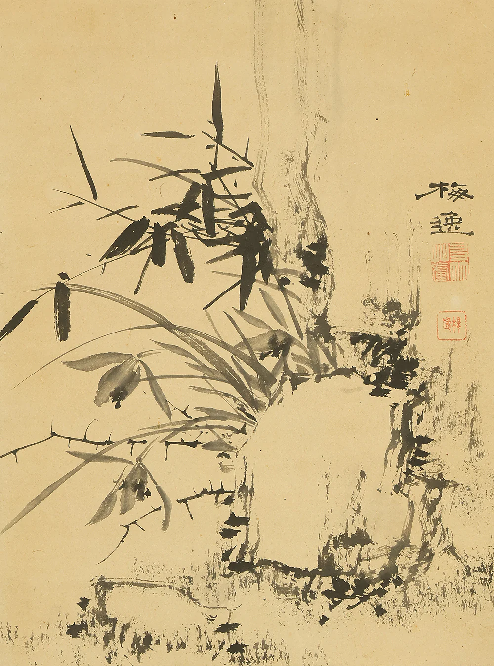 山本梅逸 Yamamoto Baiitsu (1783-1856) Japanese antique art Kakejiku Kakemono wall hanging scroll / Bamboo and Rock RE940 - Image 4