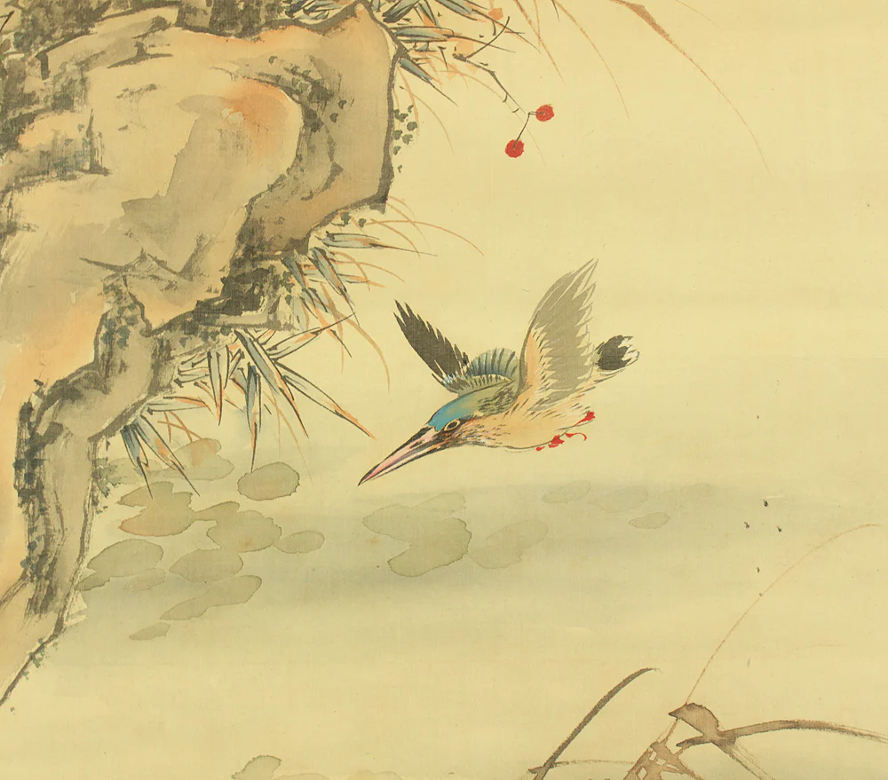 山本梅逸 Yamamoto Baiitsu (1783-1856) Japanese antique art Kakejiku Kakemono wall Hanging Scroll / Flowers and Kingfishers with Appraised Box by 奥村石蘭 Okumura Sekiran (1834-1895) RD241 - Image 13