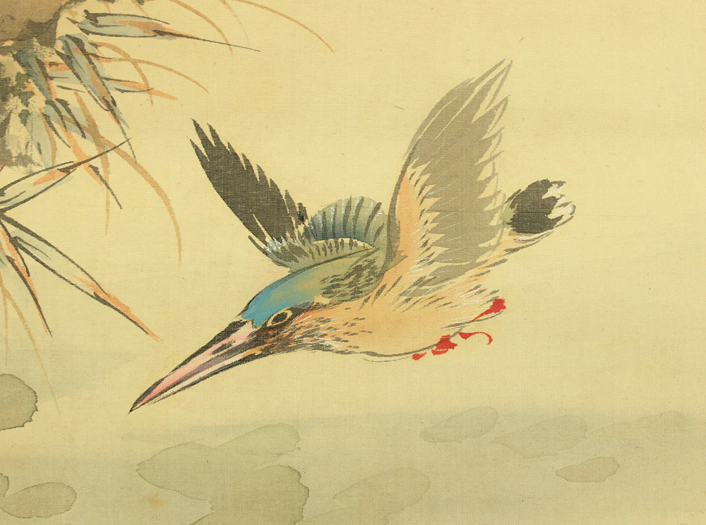 山本梅逸 Yamamoto Baiitsu (1783-1856) Japanese antique art Kakejiku Kakemono wall Hanging Scroll / Flowers and Kingfishers with Appraised Box by 奥村石蘭 Okumura Sekiran (1834-1895) RD241 - Image 14