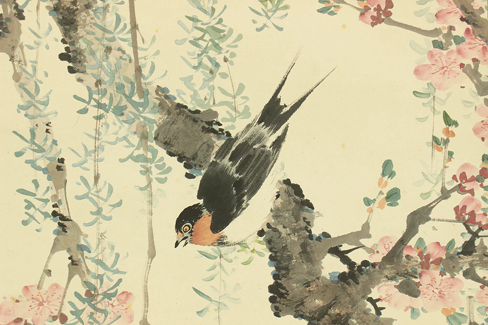 山本梅逸 Yamamoto Baiitsu (1783-1856) Japanese antique art Kakejiku Kakemono wall hanging scroll / Willow, Peach Tree and Swallow with Appraised Box RD589 - Image 9