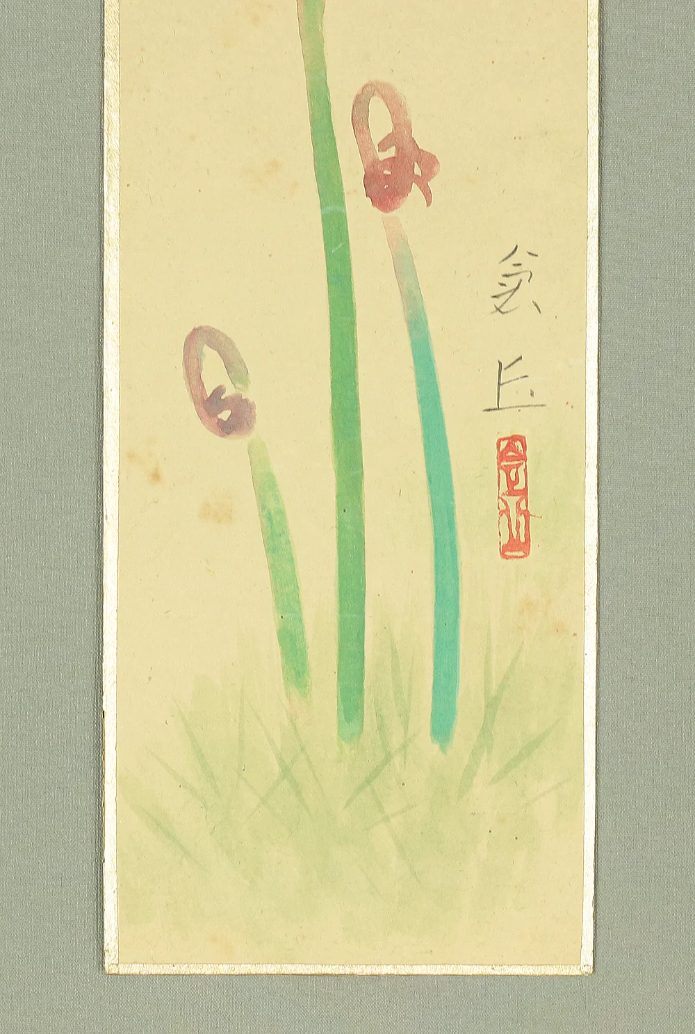 山本倉丘 Yamamoto Sokyu (1893-1993) Japanese art Tanzaku rectangle strip paintings set of four / Four Season's Plants and Flowers Bracken (Spring) Thistle (Summer) Bellflower (Autumn) Nandina (Winter) with Original Box (Tomobako) TA63 - Image 8
