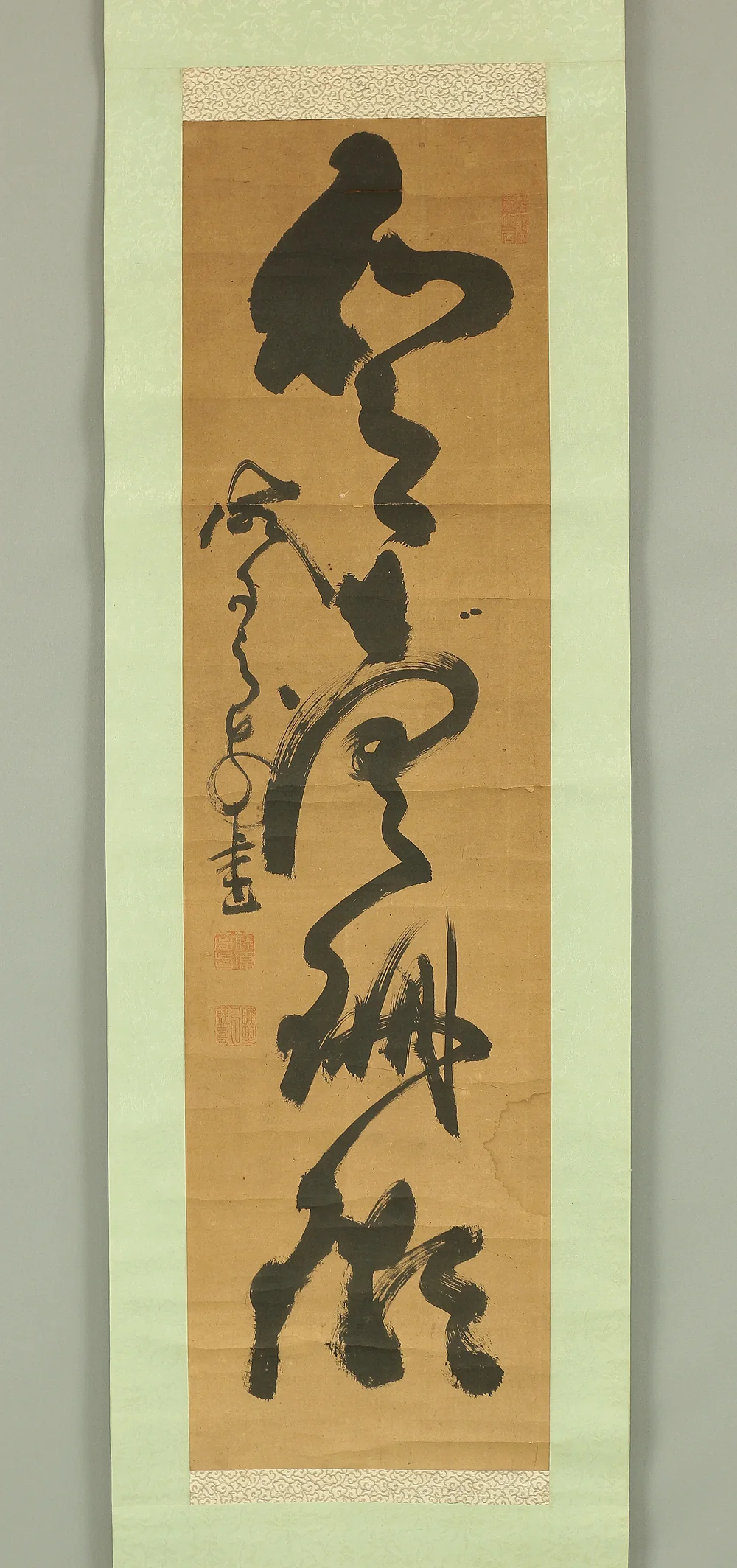 山岡鉄舟 Yamaoka Tesshu (1836-1888) Japanese antique art kakejiku kakemono wall hanging scroll / 和月売珊瑚 One Line Calligraphy with Box RB297