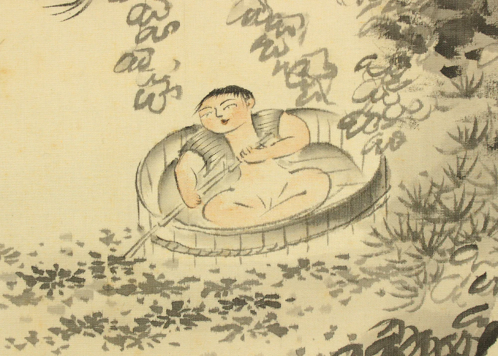 矢野橋村 Yano Kyoson (1890-1965) Japanese art kakejiku kakemono wall hanging scroll / Summer Landscape Children Playing in River with Original Box (Tomobako) RC756 - Image 13