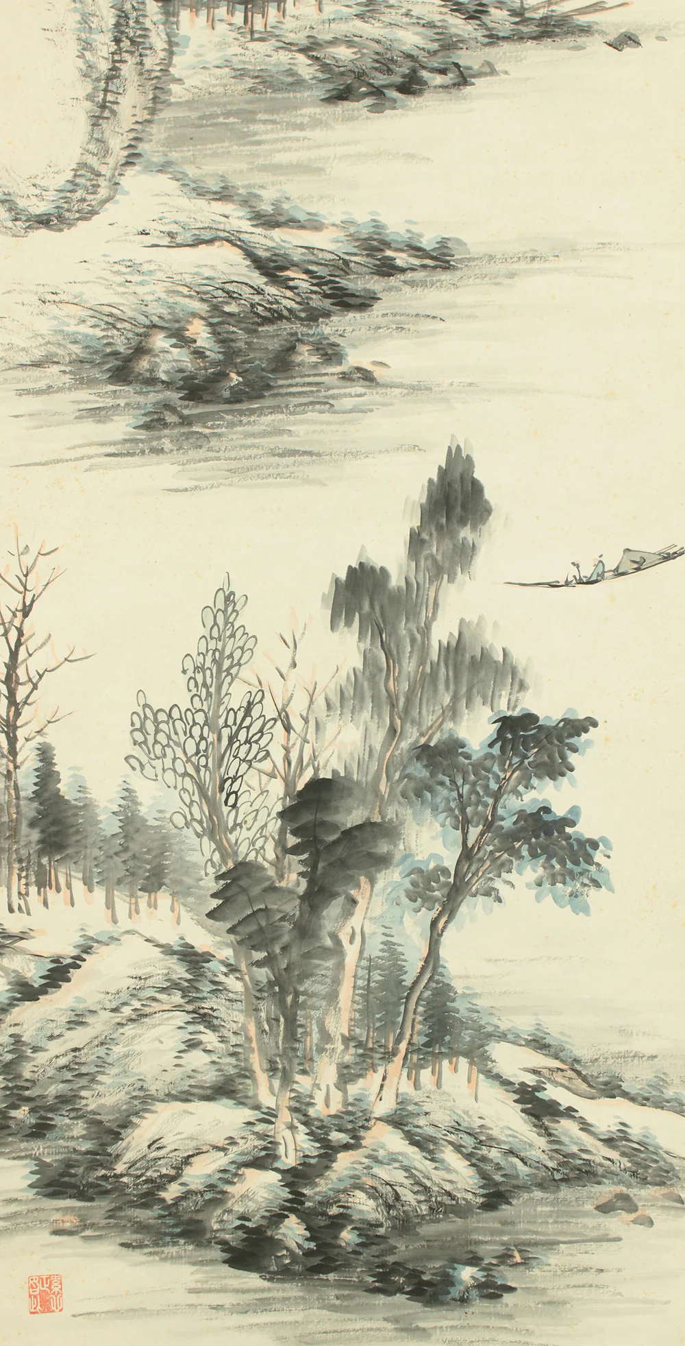 安田鴨波 Yasuda Koha (1863-1929) Japanese art kakejiku kakemono wall hanging scroll / Light Colored Ink Landscape Sansui RD372 - Image 11