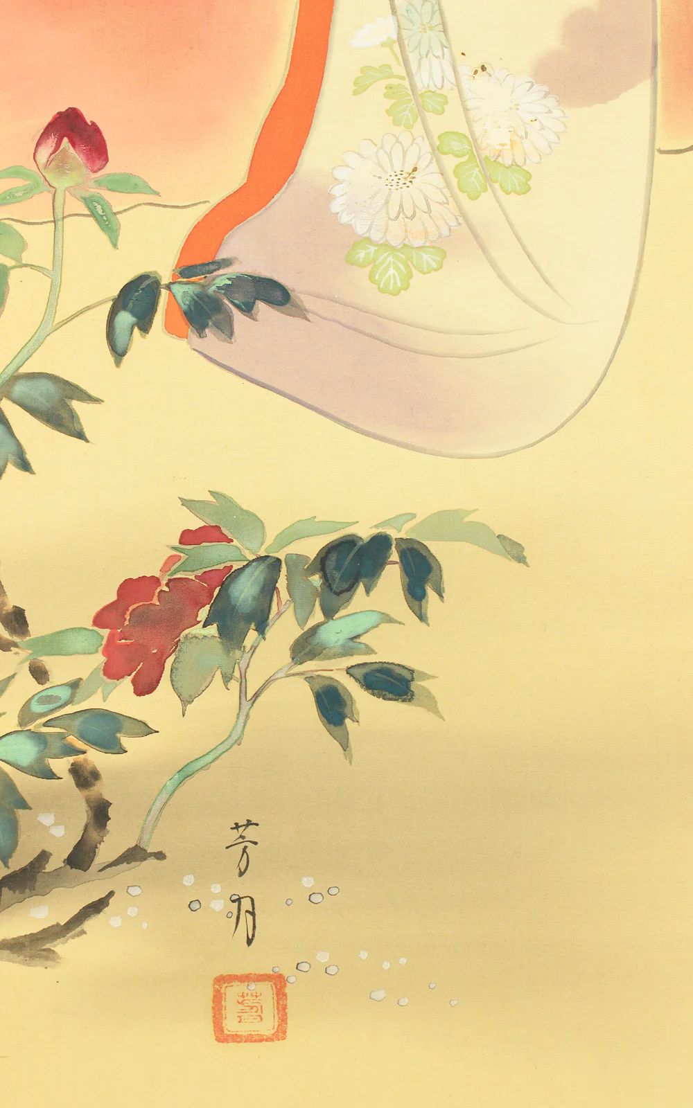 横尾芳月 Yokoo Hogetu (1897-1990) Japanese art kakejiku kakemono wall hanging scroll / Red White Peony Flower and Beautiful Woman Dressed in Kimono with Original Box (Tomobako) RC902 - Image 16