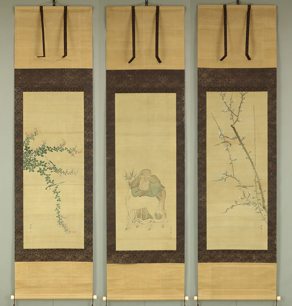 横山清暉 Yokoyama Seiki (1792-1864) Japanese antique art a set of three kakejiku kakemono wall hanging scrolls / Jurojin (God of longevity), Deer, White Plum, Bush Clover, Little Bird with Box RB682