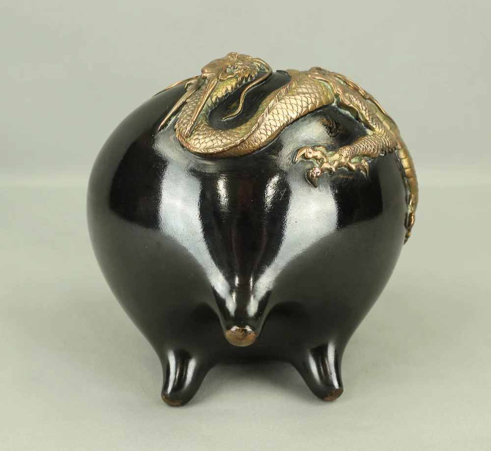 米田秀保 Yoneda Shuho (b1937) 'Dragon Holding Crystal Ball' Silver Inlay Casting Copper Tripod Koro Incense Burner Censer with Box VA246 - Image 33