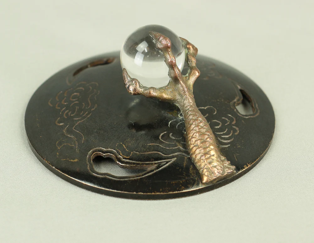米田秀保 Yoneda Shuho (b1937) 'Dragon Holding Crystal Ball' Silver Inlay Casting Copper Tripod Koro Incense Burner Censer with Box VA246 - Image 36