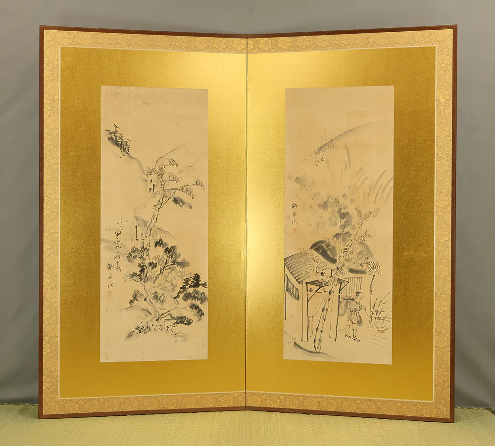 与謝蕪村 Yosa Buson (1716-1784) Gold Leaf Framed 'Drunken Suiboku Ink Figure Sansui Landscape Mountains Country House and Man Carrying Luggage' Two Panels Folding Screens Byobu Room Dividers VB127