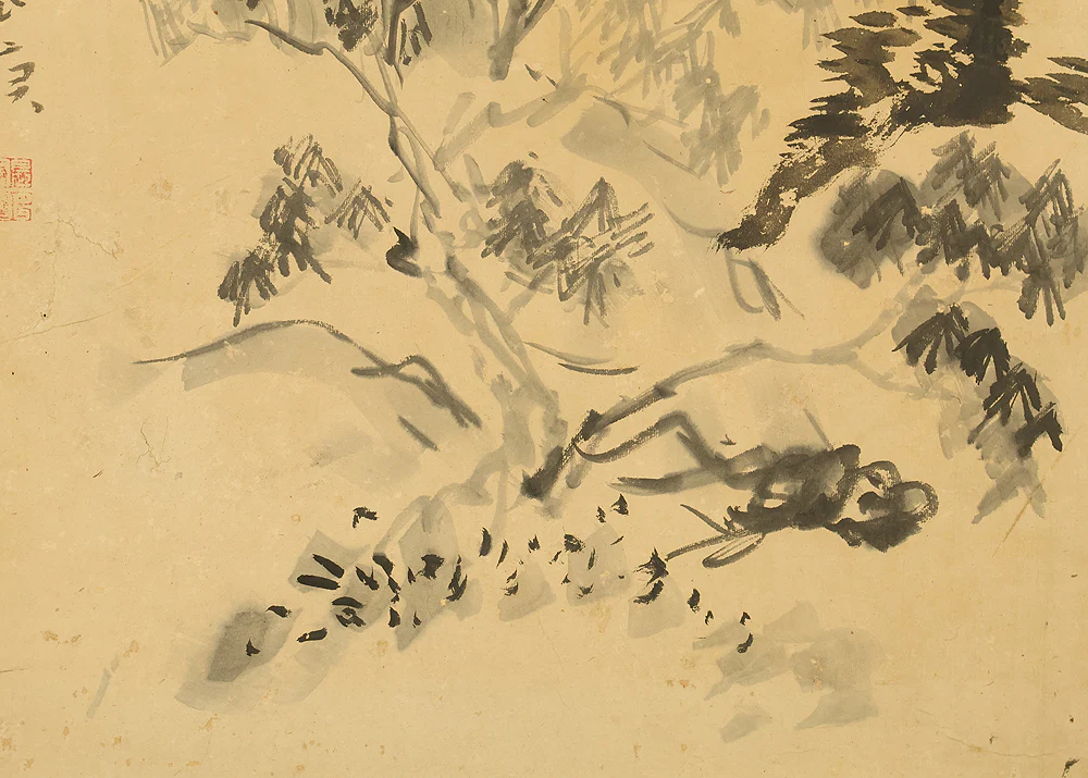 与謝蕪村 Yosa Buson (1716-1784) Gold Leaf Framed 'Drunken Suiboku Ink Figure Sansui Landscape Mountains Country House and Man Carrying Luggage' Two Panels Folding Screens Byobu Room Dividers VB127 - Image 14