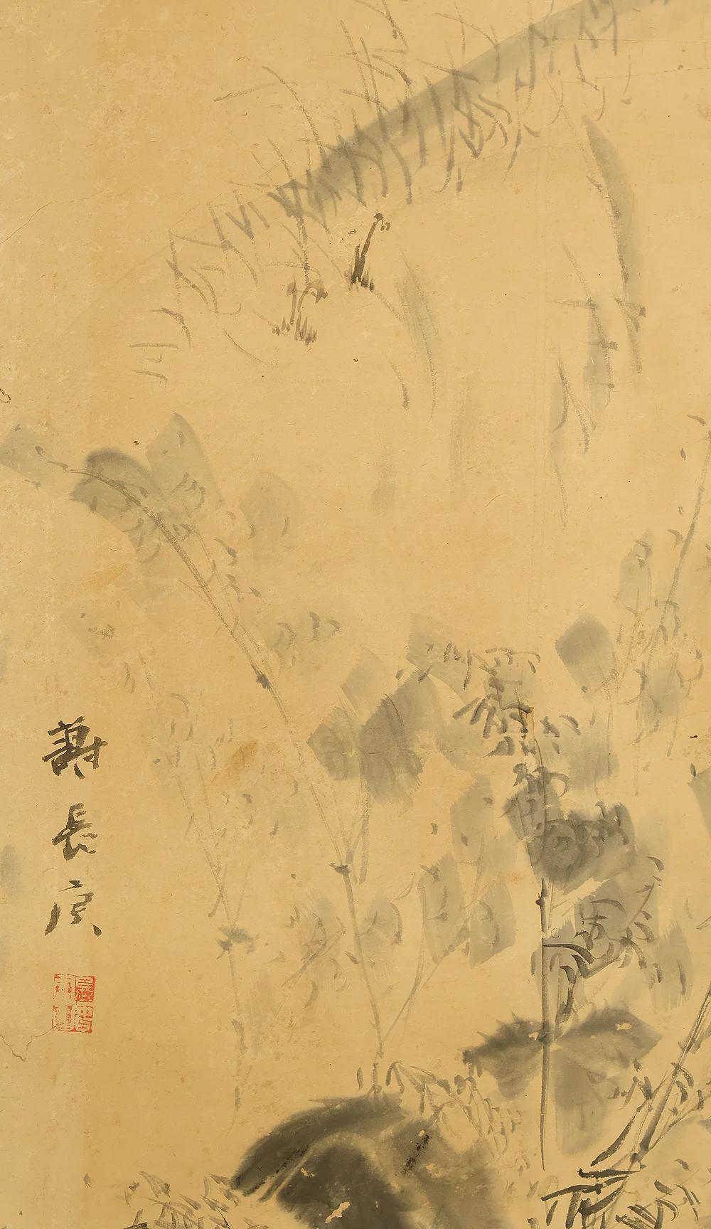 与謝蕪村 Yosa Buson (1716-1784) Gold Leaf Framed 'Drunken Suiboku Ink Figure Sansui Landscape Mountains Country House and Man Carrying Luggage' Two Panels Folding Screens Byobu Room Dividers VB127 - Image 20
