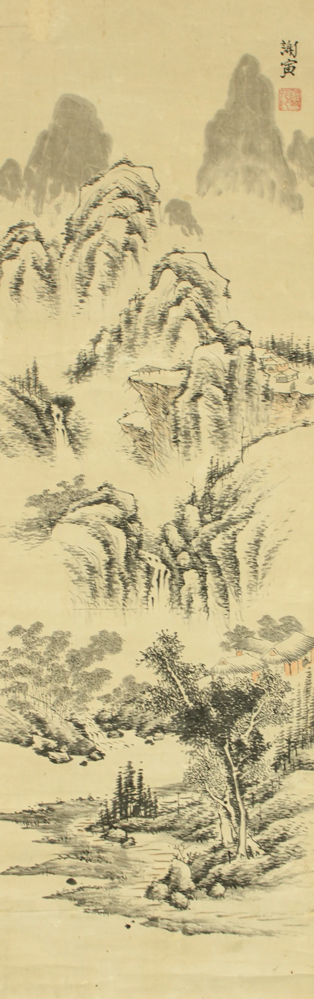 与謝蕪村 Yosa Buson (1716-1784) Japanese antique art kakejiku kakemono wall hanging scroll / Sansui Landscapes Mountain, Hermitage by River with Box RD724 - Image 4