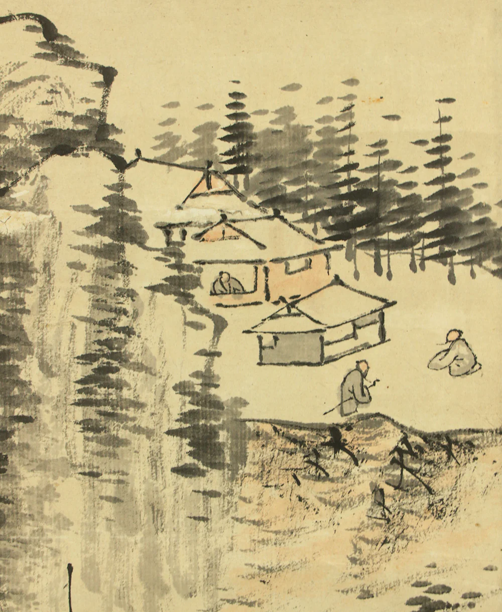 与謝蕪村 Yosa Buson (1716-1784) Japanese antique art kakejiku kakemono wall hanging scroll / Sansui Landscapes Mountain, Hermitage by River with Box RD724 - Image 9