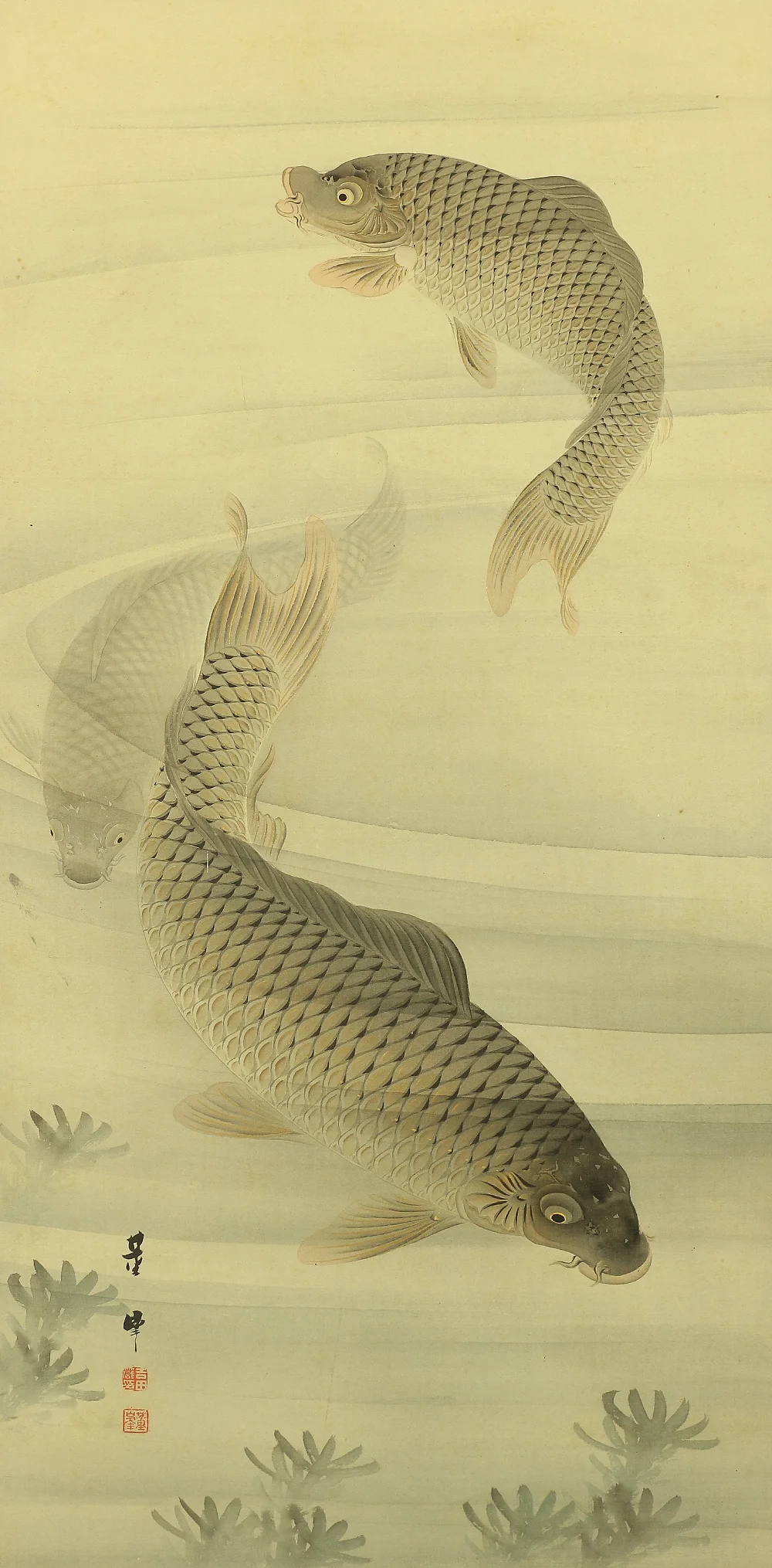 吉田薫峯 Yoshida Kunpo Japanese art kakejiku kakemono wall hanging scroll / Three Carp Swimming in Water RA597 - Image 5