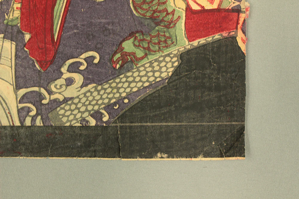 楊洲周延 Yoshu Chikanobu (1838-1912) Japanese antique art Original Woodblock print / Kabuki Actor - Takasagoya Fukusuke 高砂屋福助 Left of Triptych OW376 - Image 10