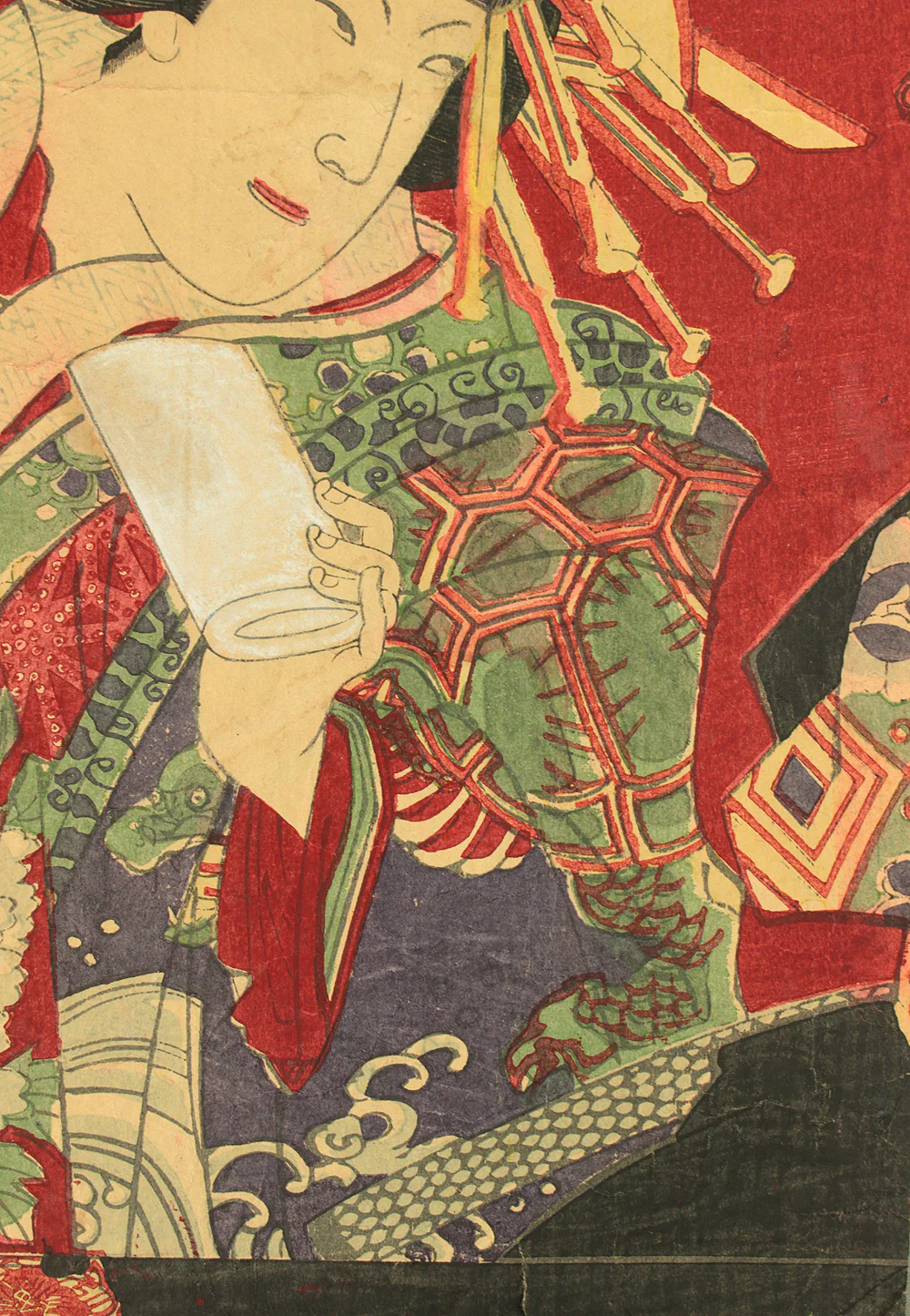 楊洲周延 Yoshu Chikanobu (1838-1912) Japanese antique art Original Woodblock print / Kabuki Actor - Takasagoya Fukusuke 高砂屋福助 Left of Triptych OW376 - Image 6