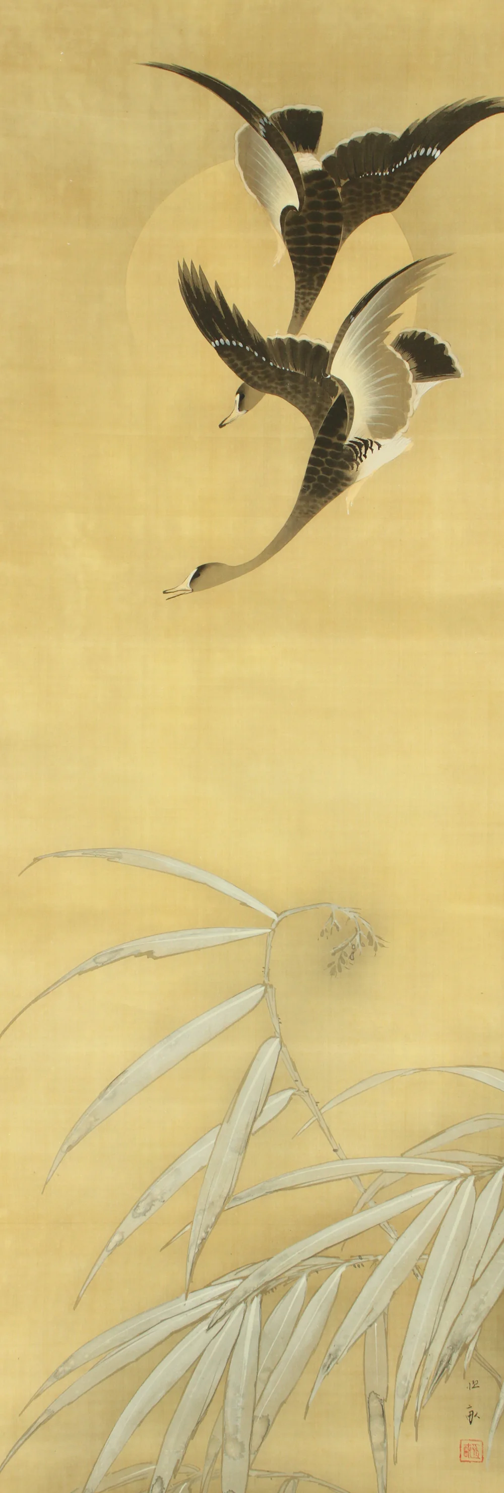 弓家恒畝 Yuge Koho (b1901) Japanese art kakejiku kakemono wall hanging scroll / Moon, Wild Geese, and Reeds with Box RD200 - Image 4
