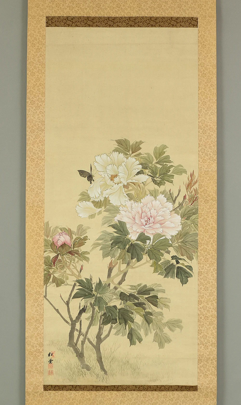 湯川松堂 Yukawa Shodo (1868-1955) Japanese art kakejiku kakemono wall hanging scroll / Peony and Butterflys RB947