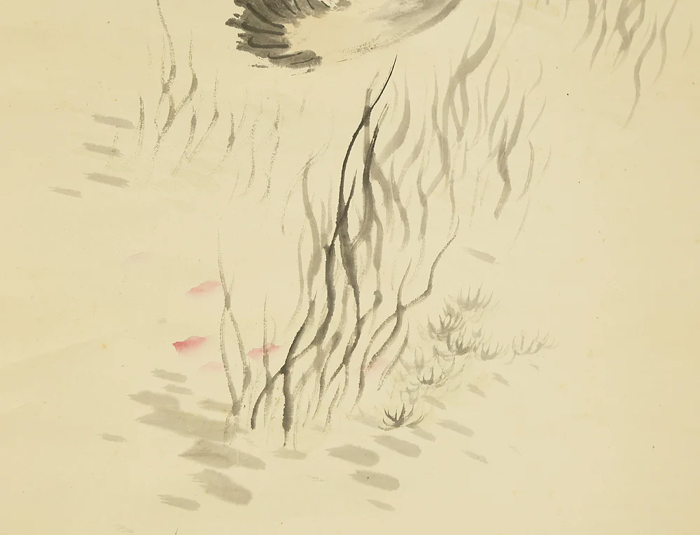 柚木玉邨 Yunoki Gyokuson (1865-1943) Japanese art kakejiku kakemono wall hanging scroll / Jumping Fish and Falling Red Plum Petals with Box RD889 - Image 13