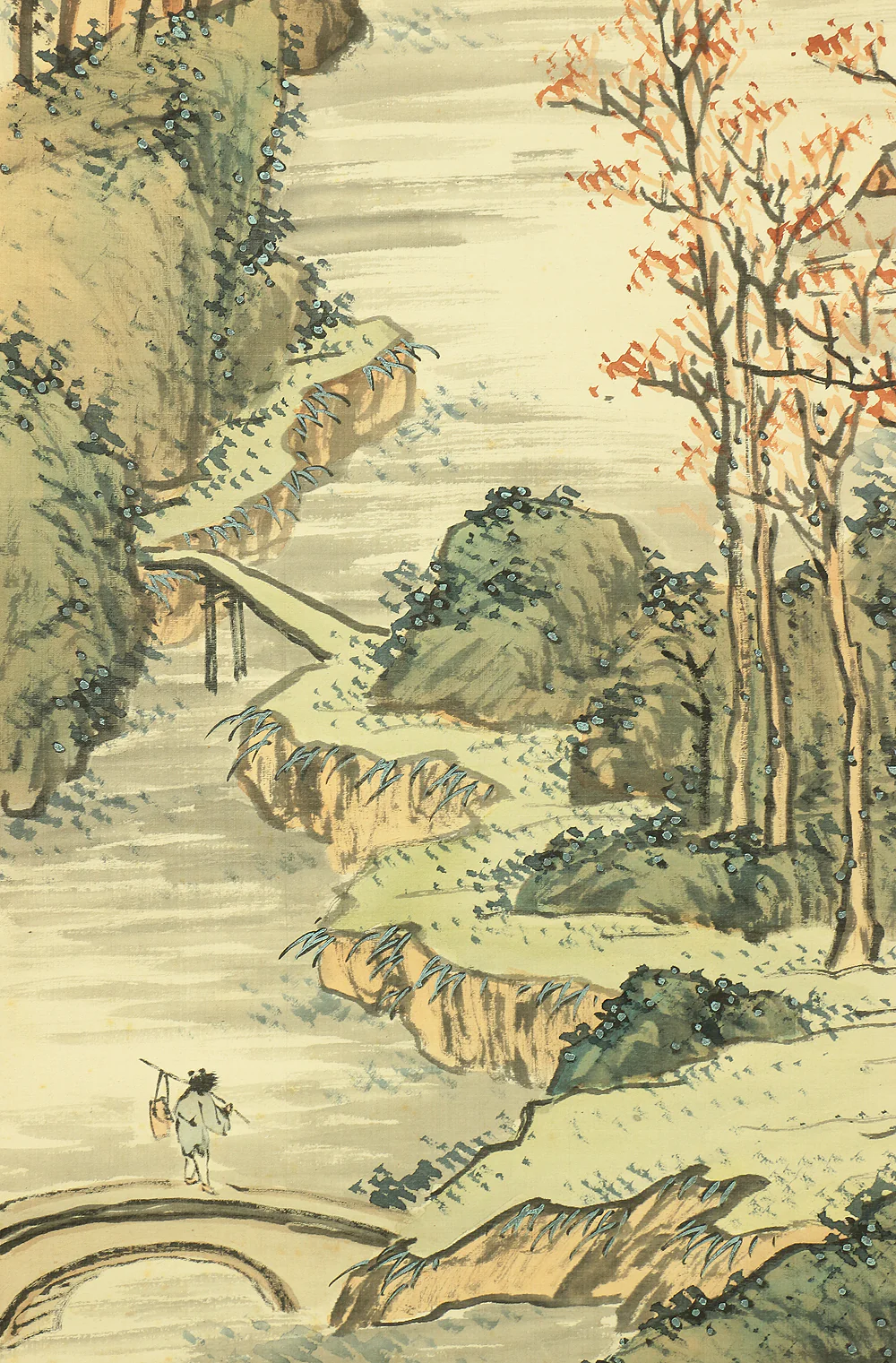 秦金石 Hata Kinnseki (b1855) Japanese art kakejiku kakemono wall hanging scroll / Autumn Landscapes Mountains River Temple with Original Box (Tomobako) RC401 - Image 19