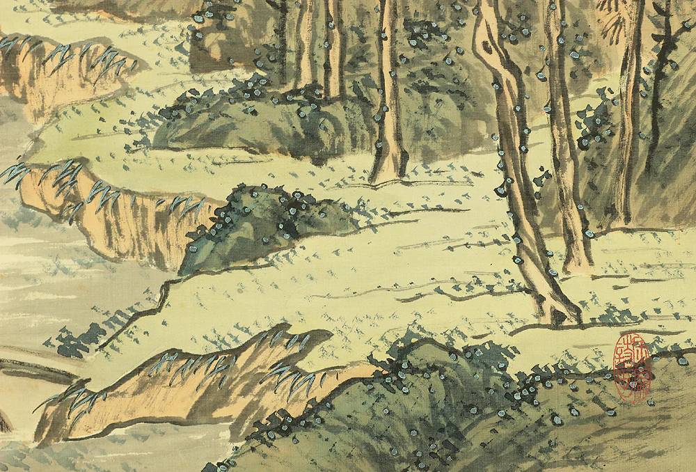 秦金石 Hata Kinnseki (b1855) Japanese art kakejiku kakemono wall hanging scroll / Autumn Landscapes Mountains River Temple with Original Box (Tomobako) RC401 - Image 22