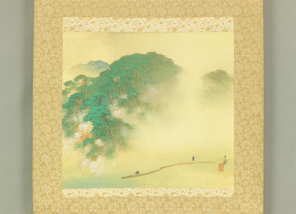 林文塘 Hayashi Bunto (1882-1966) Japanese art kakejiku kakemono wall hanging scroll / Spring Mountain Scenery and Rafting with Original Box (Tomobako) RC526