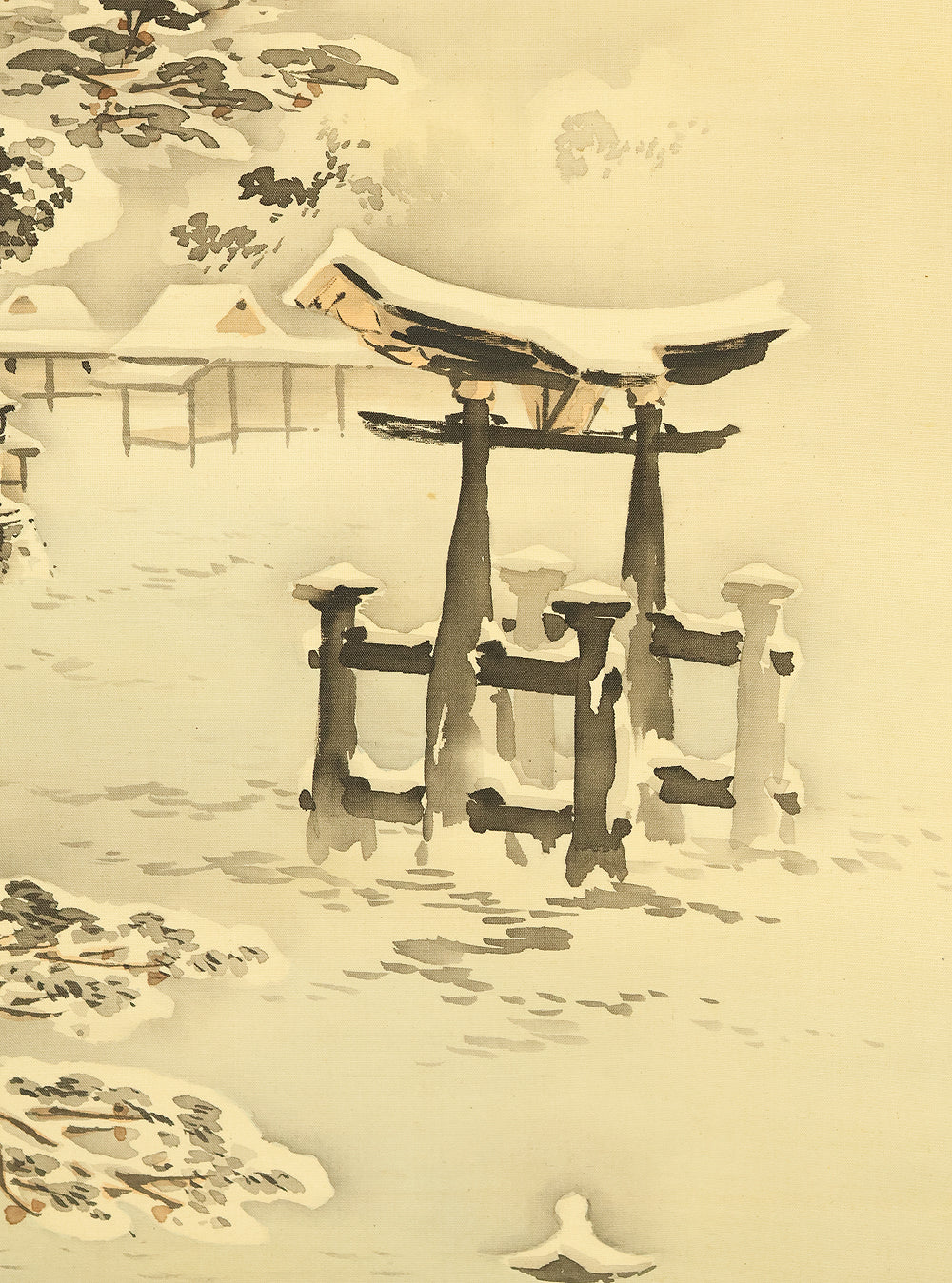 林半嶺 Hayashi Hanrei (active 1890-1940) Japanese art kakejiku kakemono wall hanging scroll / Itsukushima Shrine in Hiroshima, Covered in Snow with Original Box (Tomobako) RE587 - Image 11