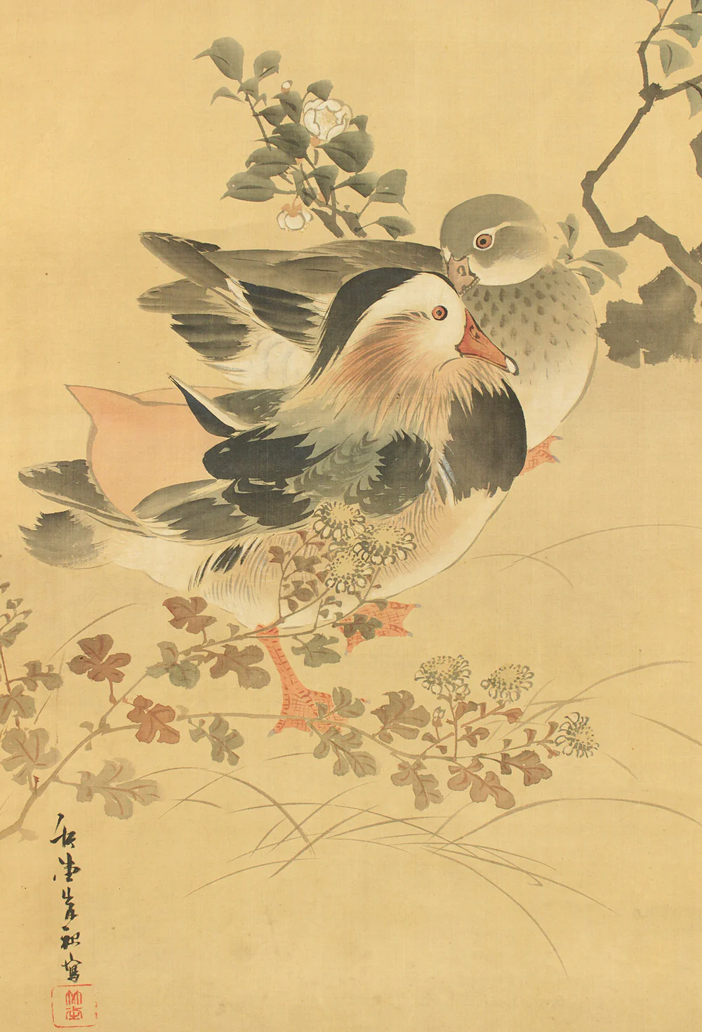 岸竹堂 Kishi Chikudo (1826-1897) Japanese antique art kakejiku kakemono wall hanging scroll / Moonlit Night, Mandarin Duck and Camellia Sasanqua with Box RC904 - Image 8