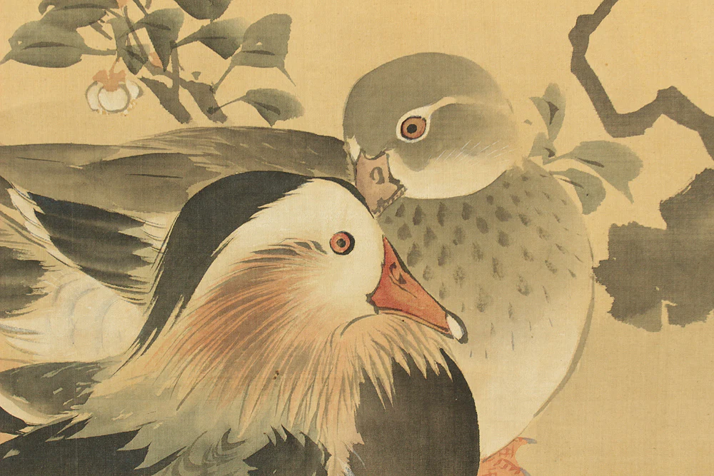 岸竹堂 Kishi Chikudo (1826-1897) Japanese antique art kakejiku kakemono wall hanging scroll / Moonlit Night, Mandarin Duck and Camellia Sasanqua with Box RC904 - Image 9