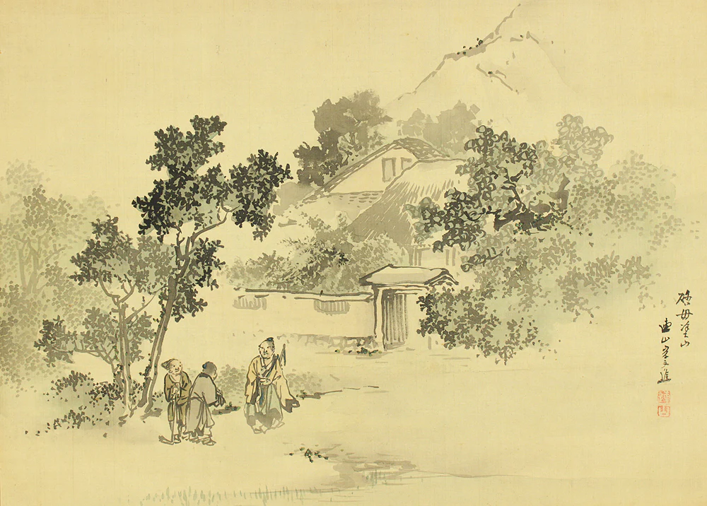 岸連山 Kishi Renzan (1804-1859) Japanese antique art kakejiku kakemono wall hanging scroll / Light Colored Ink Landscape Sansui 「淡彩山水」 with Box RC793
