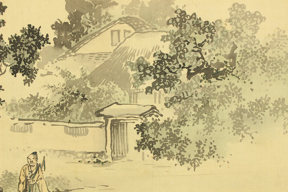 岸連山 Kishi Renzan (1804-1859) Japanese antique art kakejiku kakemono wall hanging scroll / Light Colored Ink Landscape Sansui 「淡彩山水」 with Box RC793 - Image 11