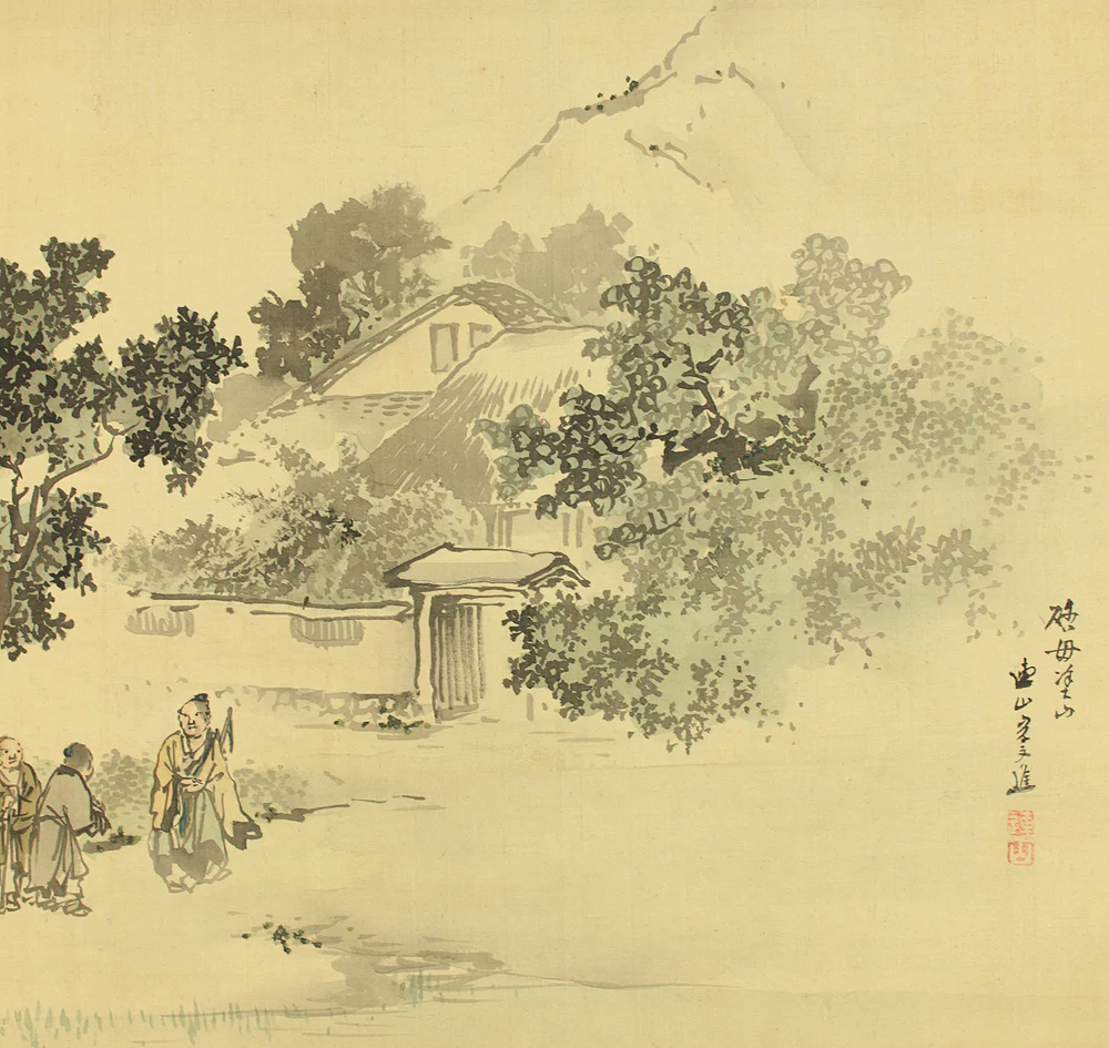 岸連山 Kishi Renzan (1804-1859) Japanese antique art kakejiku kakemono wall hanging scroll / Light Colored Ink Landscape Sansui 「淡彩山水」 with Box RC793 - Image 9