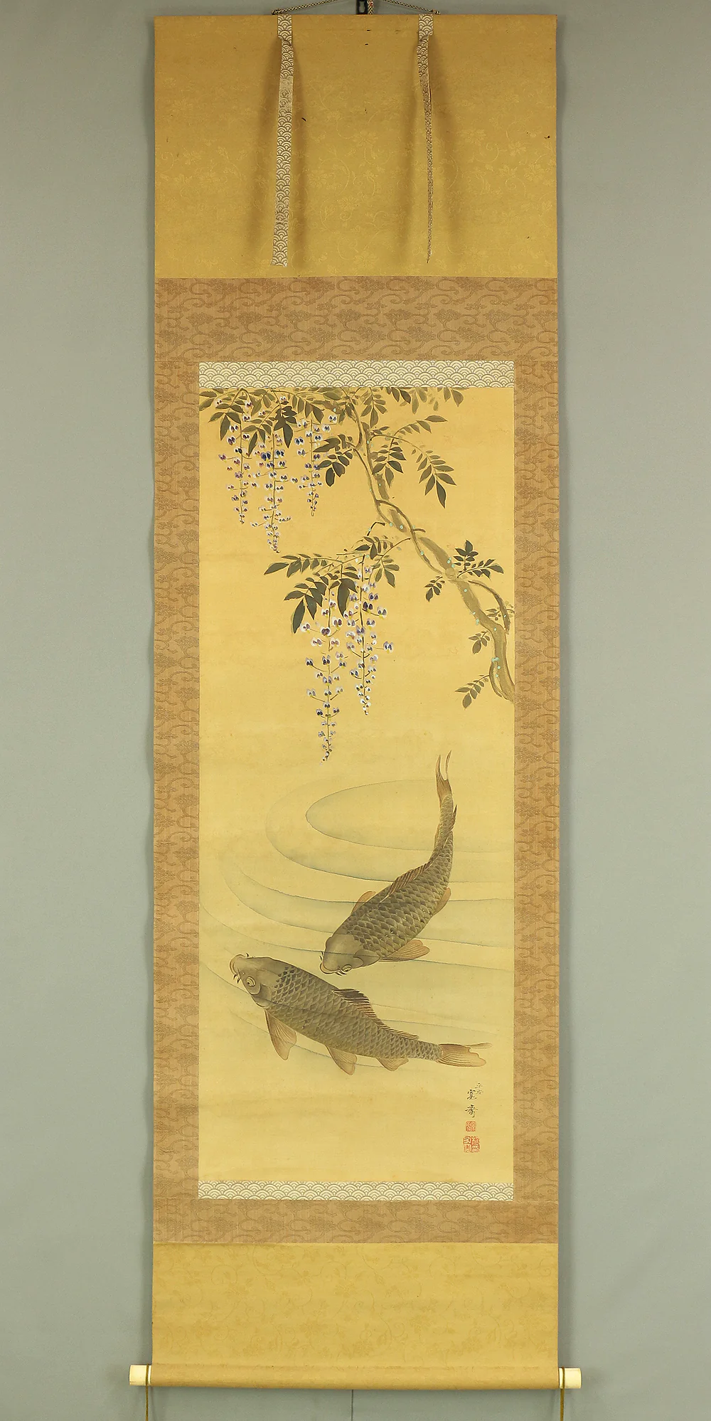 森寛斎 Mori Kansai (1814-1894) Japanese art kakejiku kakemono wall hanging scroll / Wisteria Flowers and Two Carp with Appraised Box RB946 - Image 2