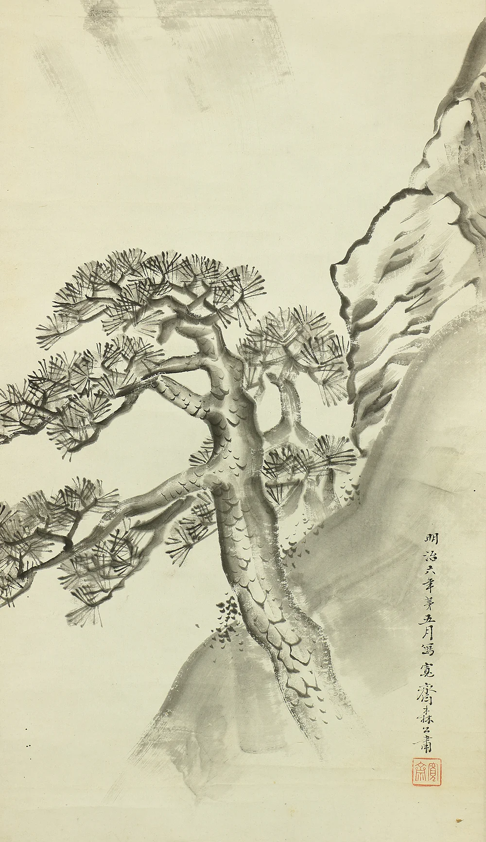 森寛斎 MORI KANSAI Age 1873 May Japanese antique art kakejiku kakemono wall hanging scroll / Rising sun & pine tree with Box W441 - Image 7