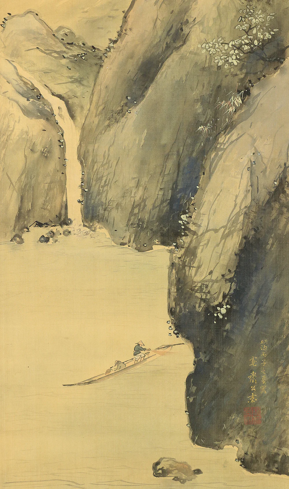 森寛斎 Mori Kansai Age 1876 Japanese antique art kakejiku kakemono wall hanging scroll / Fishing boat & waterfall scenery landscape Sansui W780 - Image 7