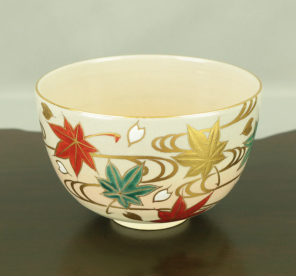 押小路 Oshikoji 京焼 Kyo ware 'Running Water on Autumn Leaves Tea Bowl' with Original box (Tomobako) VA569
