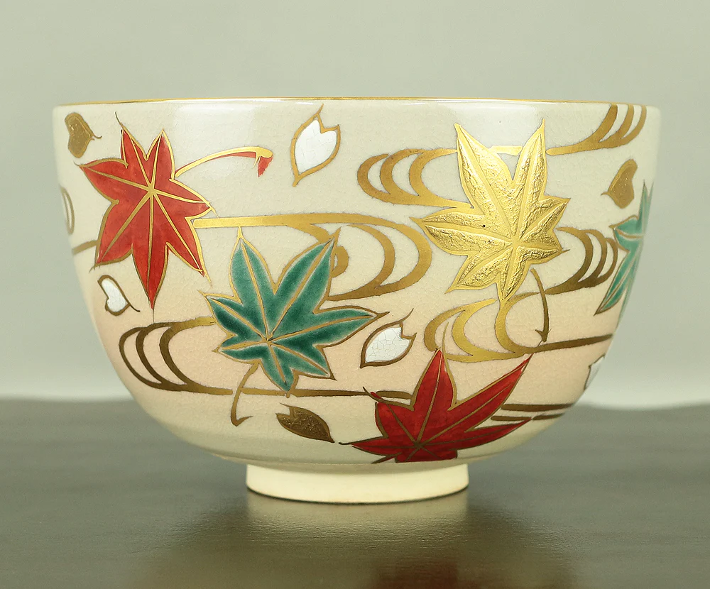 押小路 Oshikoji 京焼 Kyo ware 'Running Water on Autumn Leaves Tea Bowl' with Original box (Tomobako) VA569 - Image 2