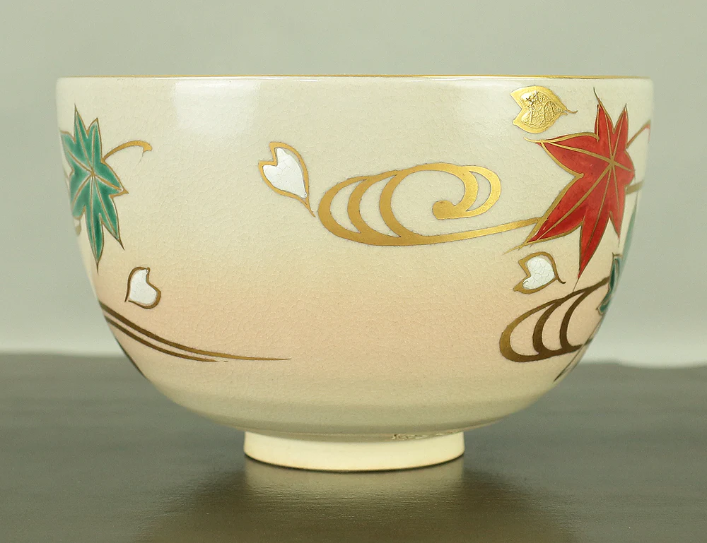 押小路 Oshikoji 京焼 Kyo ware 'Running Water on Autumn Leaves Tea Bowl' with Original box (Tomobako) VA569 - Image 3