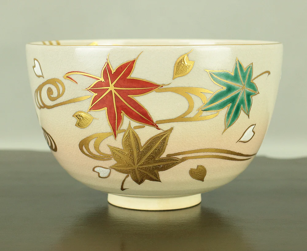 押小路 Oshikoji 京焼 Kyo ware 'Running Water on Autumn Leaves Tea Bowl' with Original box (Tomobako) VA569 - Image 4