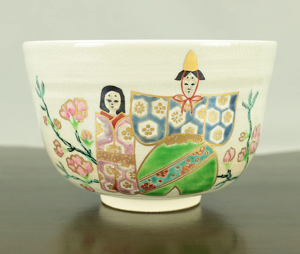 押小路 Oshikoji 京焼 Kyo ware 'Tachihina (Standing Hina dolls)' Tea Bowl with Original box (Tomobako) VA633