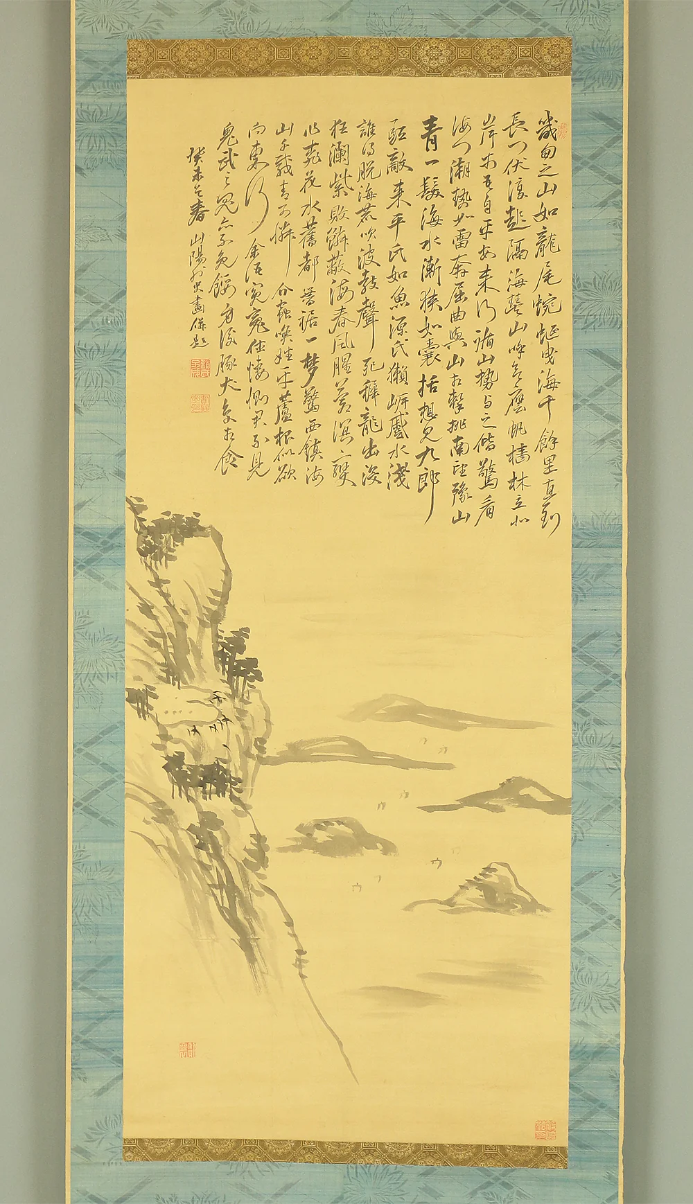 頼山陽 Rai Sanyo (1780-1832) Japanese antique art kakejiku kakemono wall hanging scroll / 壇ノ浦之詩 Dannoura Poem - Sansui Landscape with Box RB423