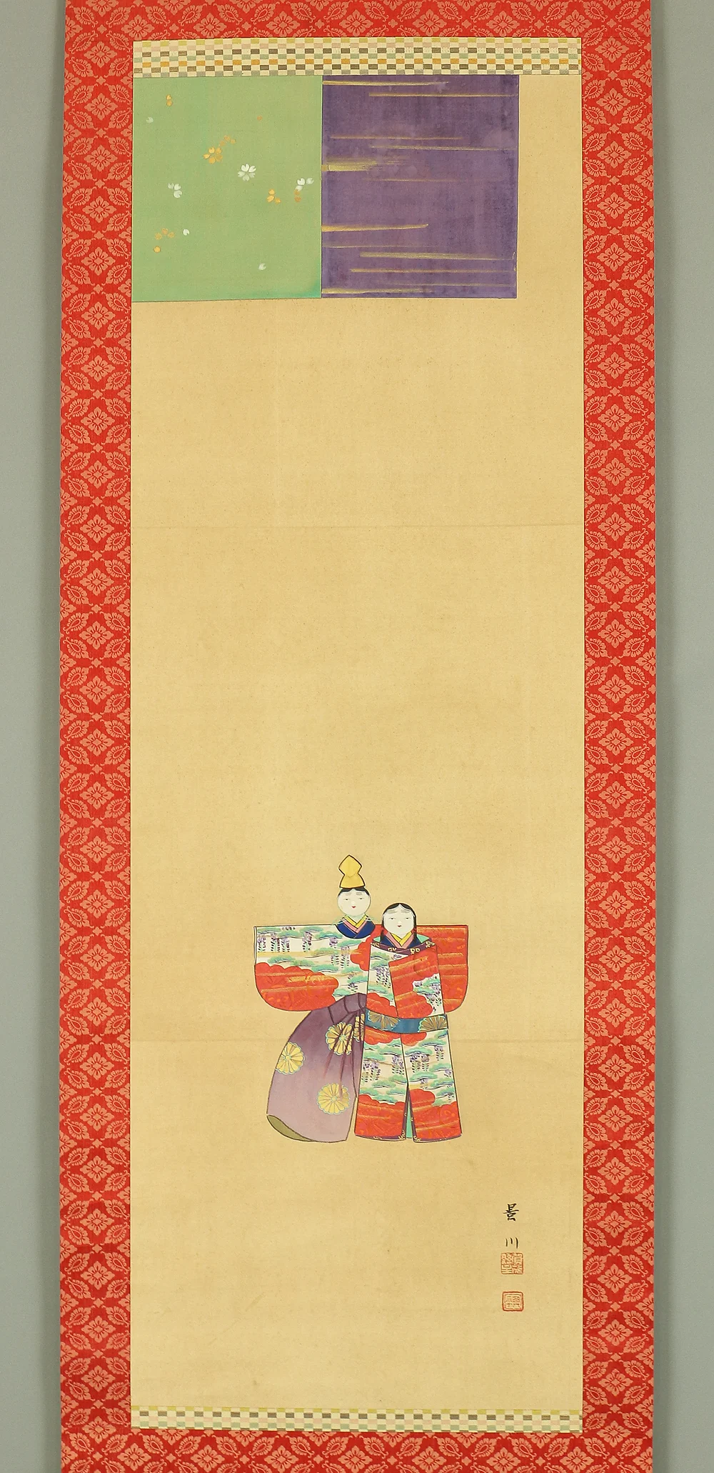 芝景川 Shiba Keisen (b1874) Japanese antique art kakejiku kakemono wall hanging scroll / Tachihina Standing Hina Dolls with Original Box (Tomobako) A640 - Image 3