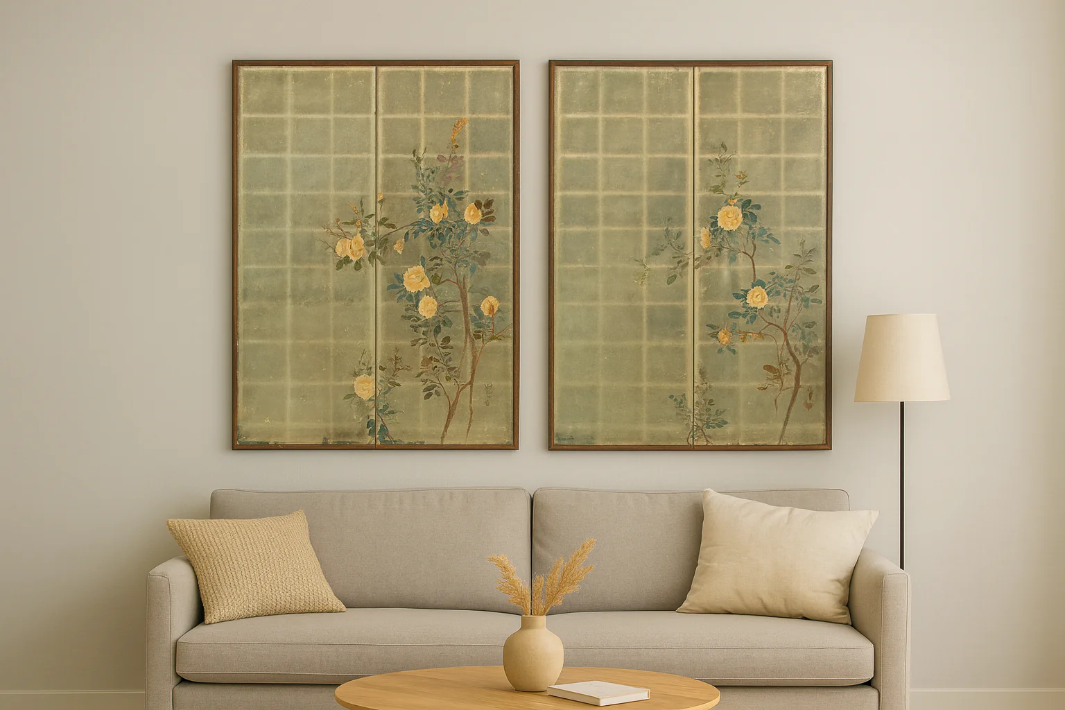 正二堂 Shojido 'Rose Flowers' A Pair of Silver Leaf Byobu Two Panels Folding Screen Byobu Room Dividers VA910