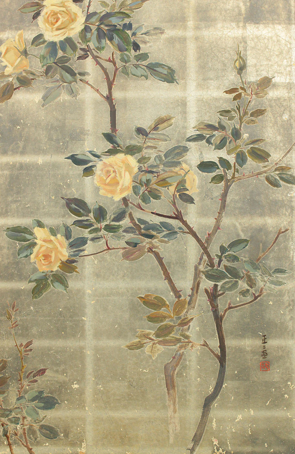 正二堂 Shojido 'Rose Flowers' A Pair of Silver Leaf Byobu Two Panels Folding Screen Byobu Room Dividers VA910 - Image 10